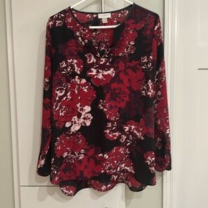 LOFT Red and Black Floral Blouse with Long Sleeves